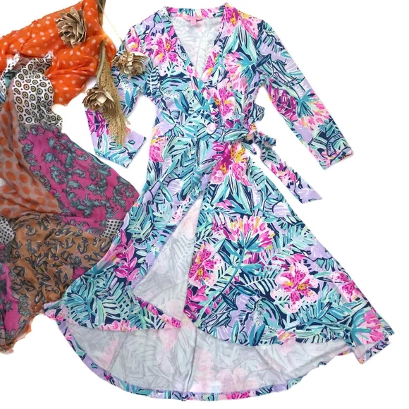 Lilly Pulitzer Blue Pink Floral Wrap Dress Sz Xs - Picture 11 of 11